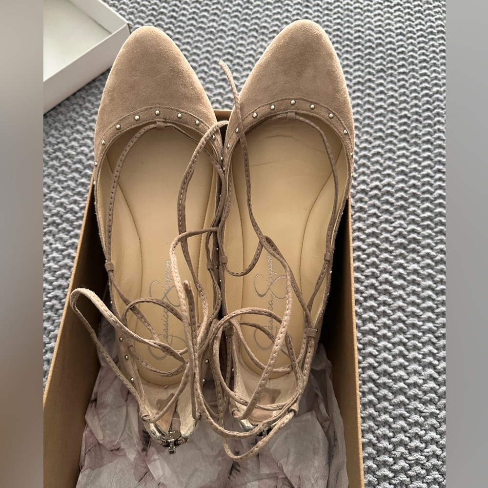 Jessica Simpson Taupe Lace-Up Suede Studded Flats - Picture 11 of 12